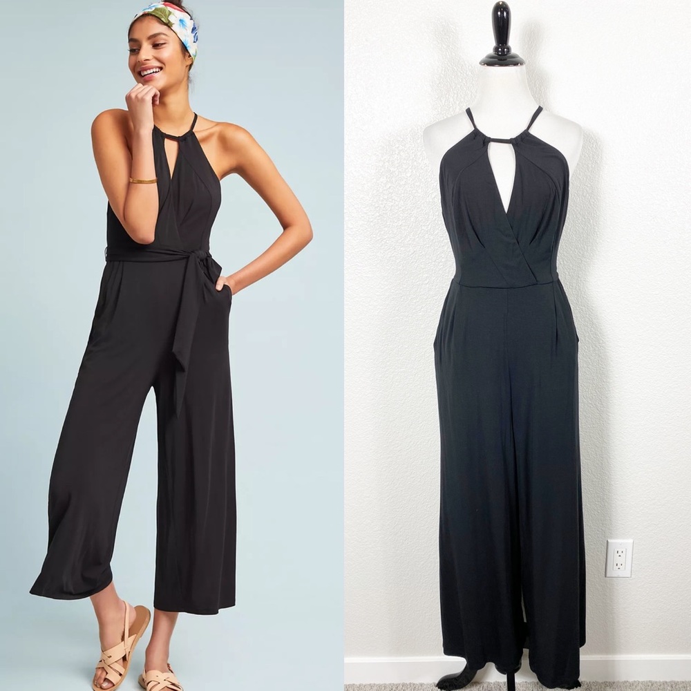Anthropologie Black Halter Neck Wide-Leg Jumpsuit